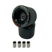 Black crazy cart caster wheels, 2 pair stacked on top of each other with silver spacers.