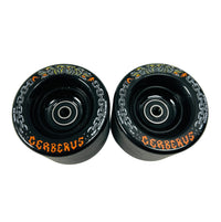Cerberus wide caster wheels in black with red lettering. 