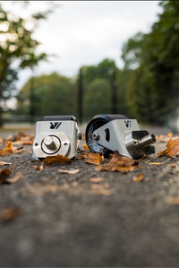 A pair of gray crazy cart wide casters on a path with trees in background.