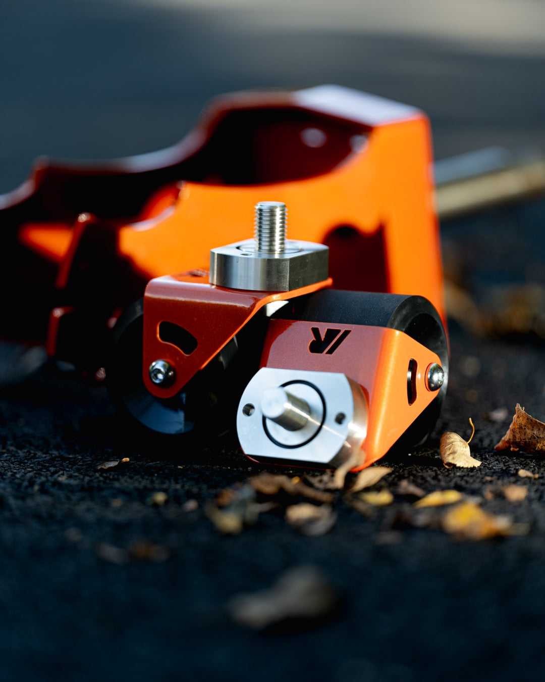 Close up shot of orange crazy cart wide casters made by rdelta
