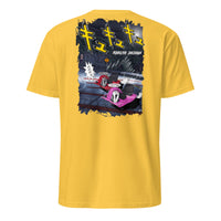 Yellow Crazy cart t shirt, graphic of 2 crazy carts drifting down a Japanese mountain with Japanese characters. 