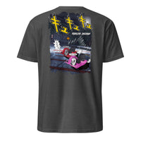 A gray Crazy cart t shirt, graphic of 2 crazy carts drifting down a Japanese mountain with Japanese characters. 