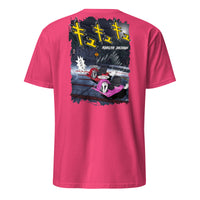 Pink Crazy cart t shirt, graphic of 2 crazy carts drifting down a Japanese mountain with Japanese characters. 