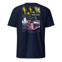 A nay blue Crazy cart t shirt, graphic of 2 crazy carts drifting down a Japanese mountain with Japanese characters. 