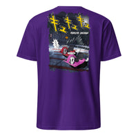 Purple Crazy cart t shirt, graphic of 2 crazy carts drifting down a Japanese mountain with Japanese characters. 
