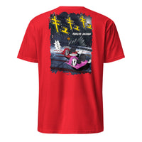 A red Crazy cart t shirt, graphic of 2 crazy carts drifting down a Japanese mountain with Japanese characters. 