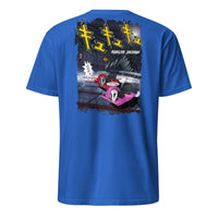 Blue Crazy cart t shirt, graphic of 2 crazy carts drifting down a Japanese mountain with Japanese characters. 