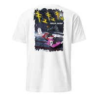 Crazy cart t shirt in white, graphic of 2 crazy carts drifting down a Japanese mountain. 